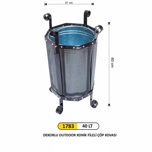 Arı Metal Dekorlu Dış Mekan Konik Fileli Çöp Kovası