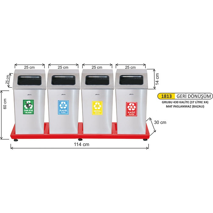 Arı Metal Mat Paslanmaz Bazalı 4 lü Geri Dönüşüm Seti 37 Ltx4