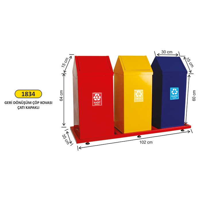 Arı Metal Çatı Kapaklı Bazalı Boyalı 3 lü Geri Dönüşüm Seti