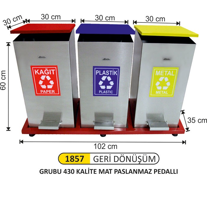 Arı Metal Pedallı Paslanmaz 3 lü Kare Geri Dönüşüm Seti