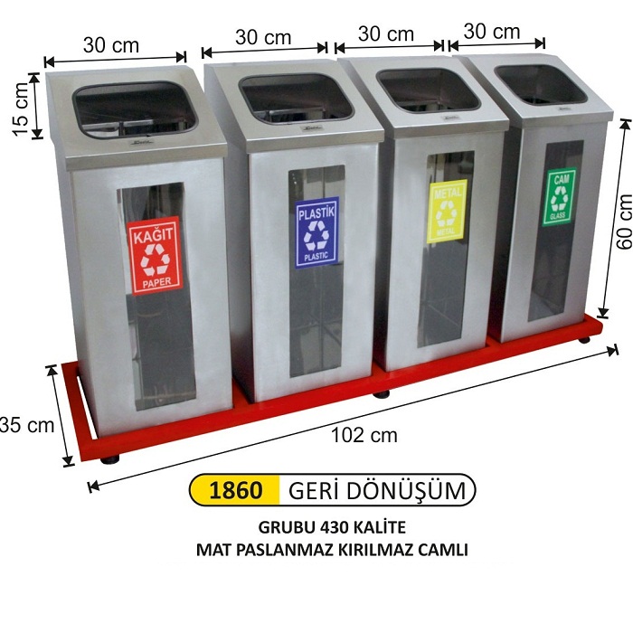 Arı Metal Kırılmaz Camlı Mat Paslanmaz 4 lü Geri Dönüşüm Seti