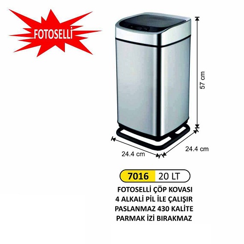 Arı Metal Fotoselli Çöp Kovası 20 Lt Paslanmaz