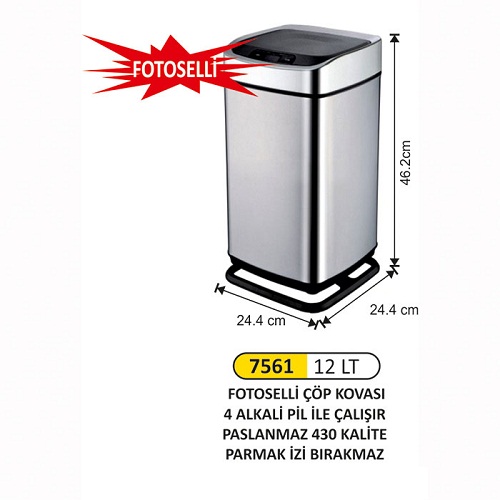 Arı Metal Fotoselli Çöp Kovası 12 Lt Paslanmaz