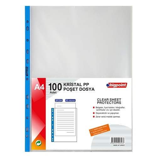 Bigpoint Poşet Dosya Mavi Şeritli Kristal 90 Mikron 100 lü Paket