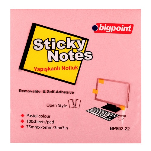 Bigpoint Yapışkanlı Not Kağıdı 75x75 mm Pembe