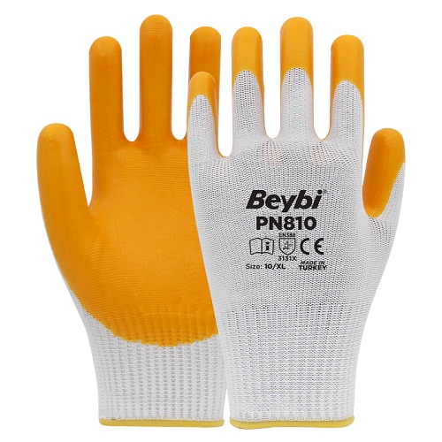 Beybi Polyester Örme Nitril Eldiven PN810 Sarı (9 Beden)